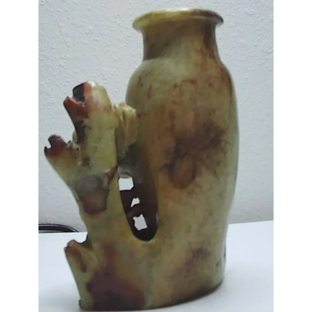 Vintage Asian China Hand Carved Two Monkeys Soapstone Vase Holder  5.5